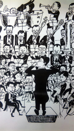 バイオリン奏者菅原英洋さんが描いた昭和40年代の楽員たち（一部）（指揮大町陽一郎）